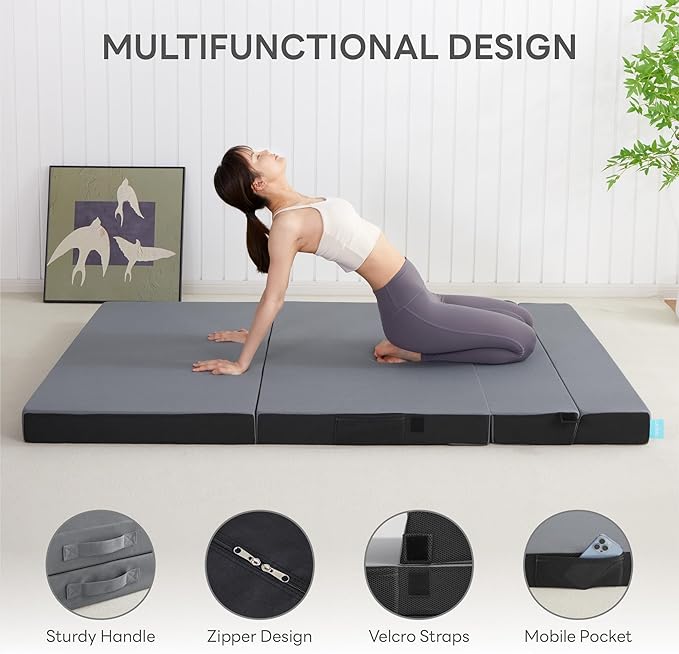 LIKIMIO Folding Mattress Twin, High Density Foam Mattress with Breathable and Washable Cover & Storage Bag, 4 Inch Foldable Mat Topper for Camping, RV and Yoga, Handle Design, Gray