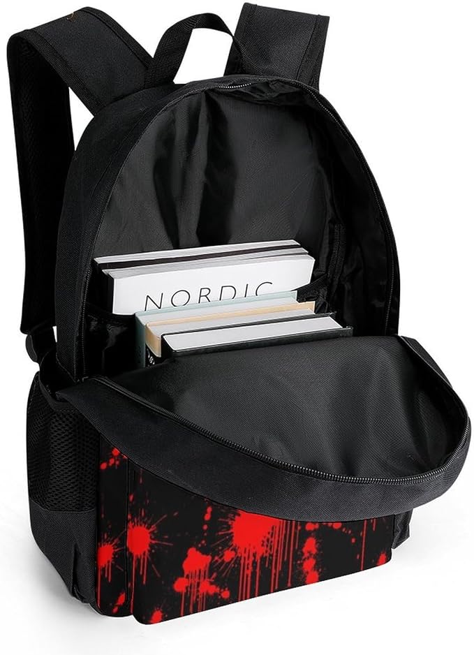 Men Women Polyester Halloween Classic Horror Blood Splatter Black Red Backpack Large Capacity Bookbag With Smooth Zippers for Climbing Picnic Bicycle