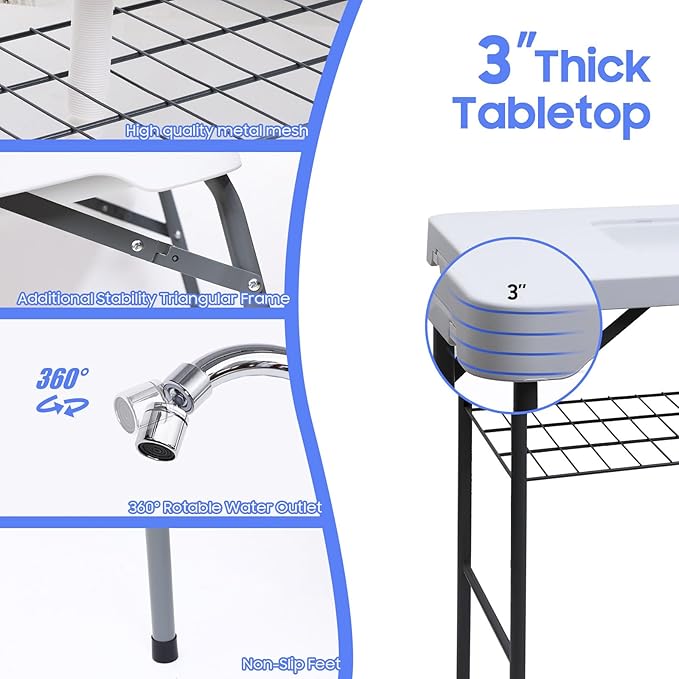 Nice C Fish Cleaning Table, Fish Cleaning Station with Sink, Fish Skinning Table, 42.5'' Camping Table, w/Dual Universal Faucet & Spray, Drainage Hoses, Grid Rack, Basket, Toolkit for Picnic, Camping