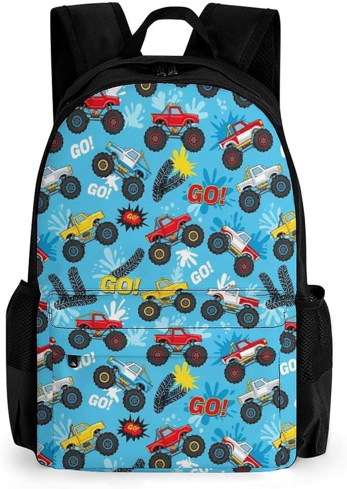 Men Women Polyester Monster Truck Cars Blue Casual Daypack Large Capacity Carry On Bag With Adjustable Shoulder Straps for Camping Work Running