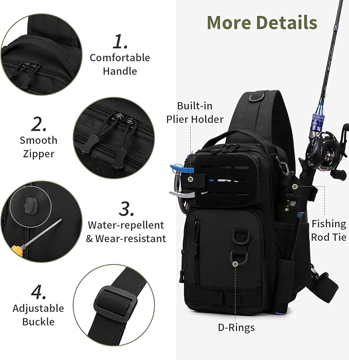CamGo Small Tactical Sling Bag Black Military One Strap Crossbody Fishing Shoulder Pack Molle Backpack for Sport Daily