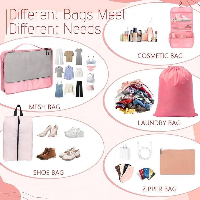 9 Pcs Packing Cubes Set for Travel with Waterproof Clothing Cubes Toiletry Shoe Laundry Jewelry Bag for Women Men(Light Pink)