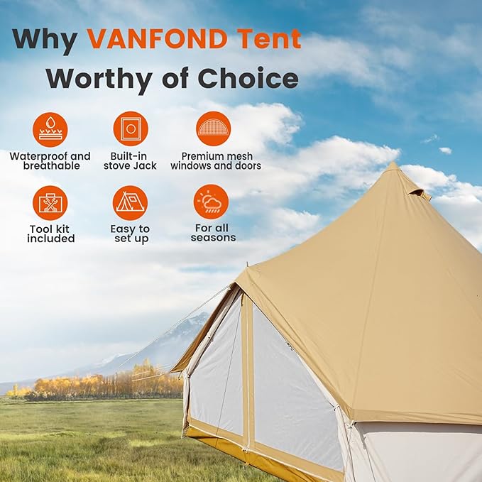 Canvas Bell Tent - 4 Seasons Glamping Tent with Stove Jack for Family Camping - Assorted Colors - Waterproof