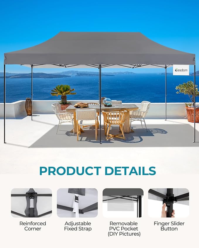 10x20 Canopy Tent with Roller Bag, Easy Up Pop Up Tent, 300D Silver-Coating Outdoor Shelter, 4 Stakes & 4Sandbags & 4 Ropes, Grey