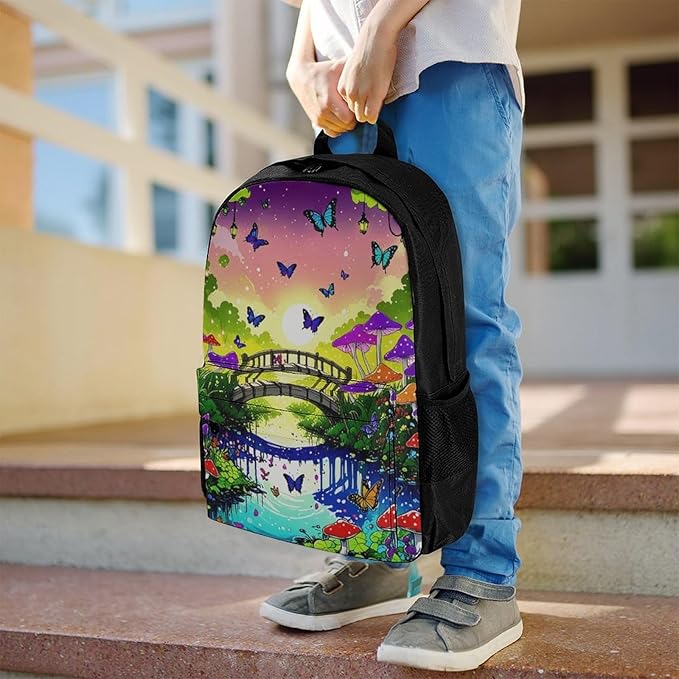 Supdreamc Men Women Polyester Psychedelic Mushroom Trippy Magic Butterfly Art Daypack Backpack Large Capacity Carry On Bag With Smooth Zippers for Hiking Picnic Walking Cycling