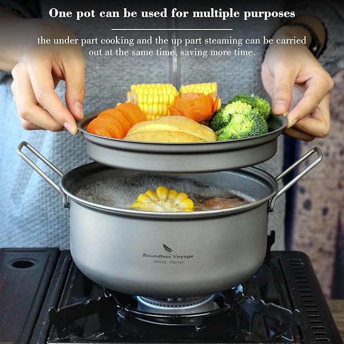 Boundless Voyage Multifunctional Titanium Steamer Pot with Frying Pan and Vented Lid Outdoor Camping Backpacking Kitchen