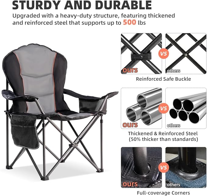 Camping Chair Oversized Folding Outdoor Camping Chair with Cooler Bag, Cup Holder & Waterproof Phone Case, Portable for Hiking/Beach,500LB (Black & Light Gray)