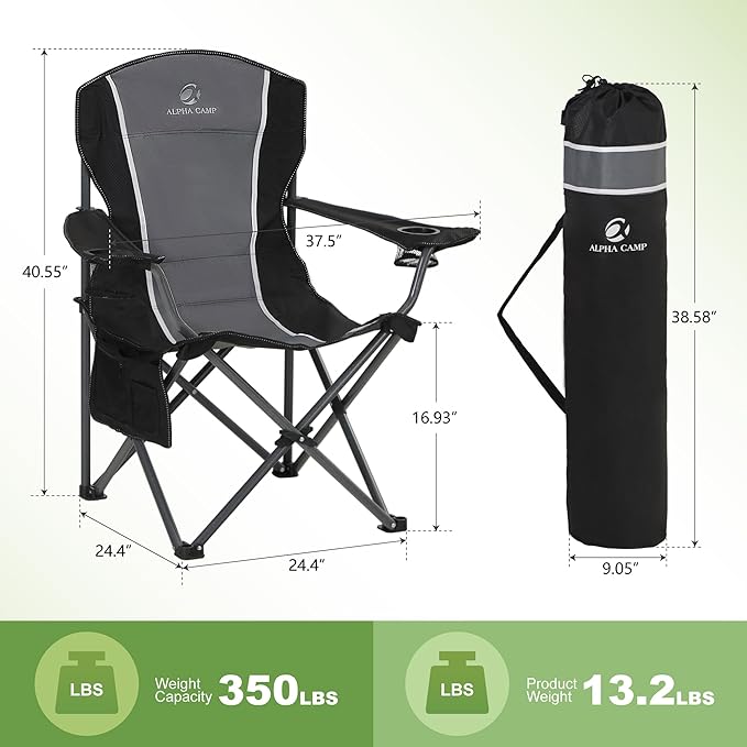 LET'S CAMP Oversized Outdoor Folding Camping Chair, Heavy Duty Arm Chair with Cup Holder and Storage Bag, 350 LBS Weight Capacity, Grey