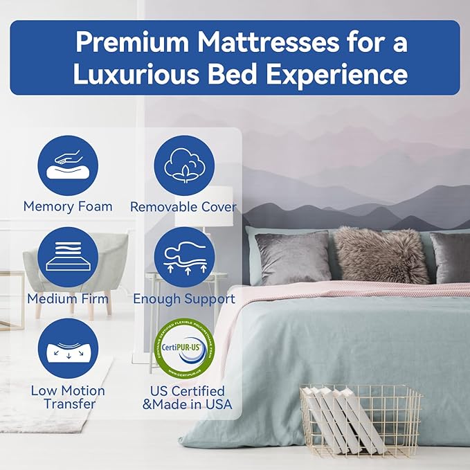 Queen Size Memory Foam Mattress 8 Inch with Tencel Cover, Premium Cooling Green Tea/Gel Medium Firm Bed-Mattress in a Box, Pressure Relief Comfort, Made in USA, CertiPUR-US 80'' x 60''