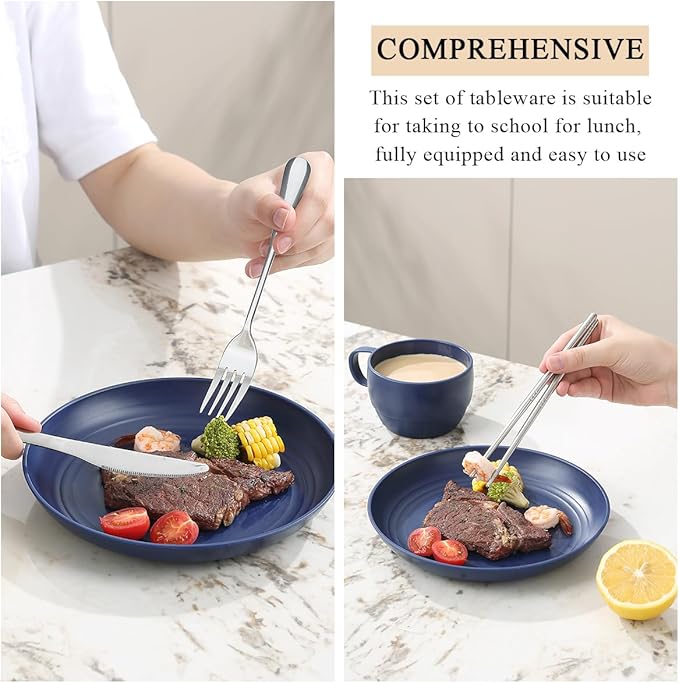 Camping Essentials Set, HOMQUEN Camping Plates and Bowls Set, Coffee Mug, Travel Cutlery Set Include Spoon, Fork, Knife for Work, Outdoor,Picnic, Camp (Blue)