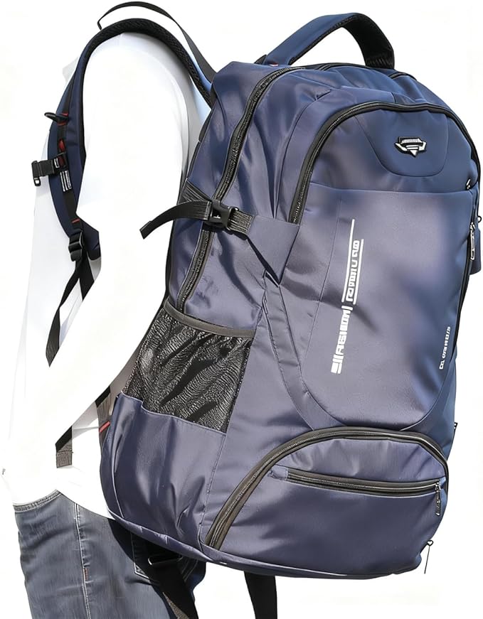 80L Large Travel Backpack for Men & Women, Lightweight Water-Resistant Hiking Backpack with Shoe Compartment, Foldable Daypack Rucksack for Travel Camping College Blue