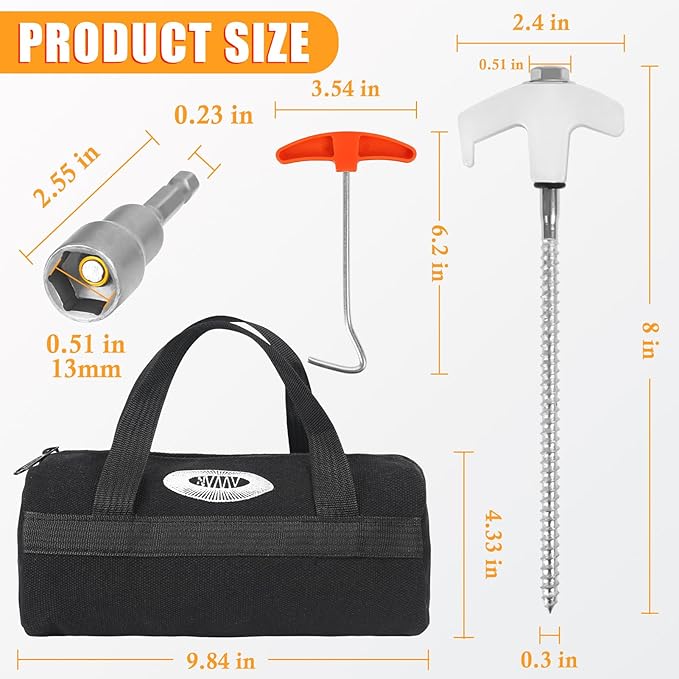 20 Pcs 8" Heavy Duty Drill Tent Stakes with Storage Bag, Glow-in-The-Dark Ground Anchor Peg, Metal Threaded Screw-in Tent Stake for Camping Swing Canopies with 1 Hex Nut Driver, Peg Puller