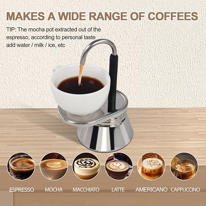 Uncoated 1 Cup Single Tube Moka Pot 304 Thickened Stainless Steel Mini Coffee Maker Stovetop Espresso Coffeemaker Italian Classic Style Brewing Greca Cafe Mocha Machine for Camping Travel Home 90ml