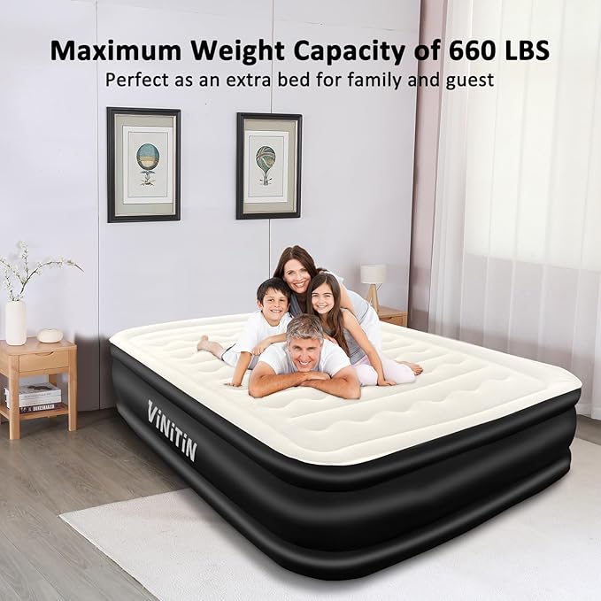 Air Mattress Queen with Built in Pump, 18" Elevated Inflatable Blow Up Mattress with Self-Inflation/Deflation, Soft Flocked Top Air Bed for Guest, Home,Camping, 80x60x18in, Charcoal Black