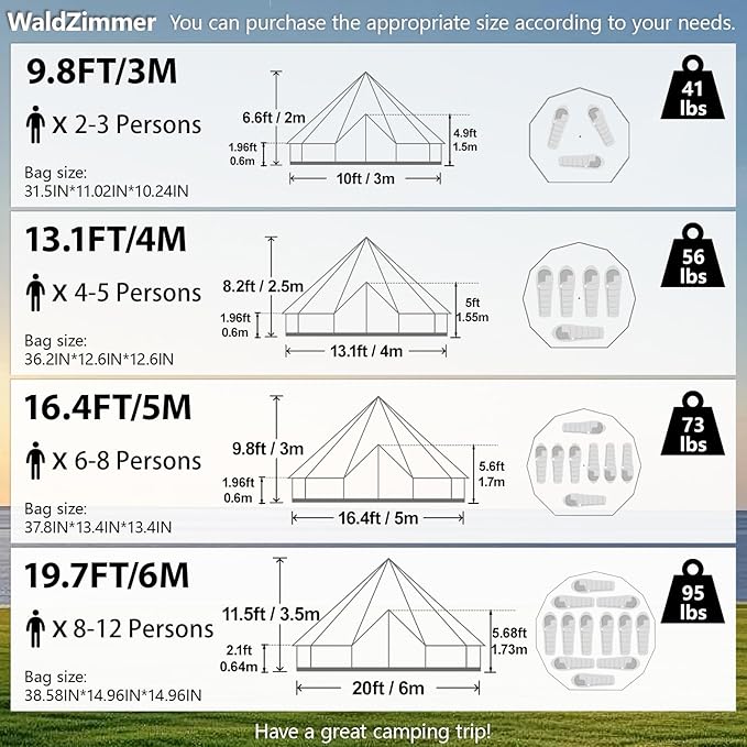 Cotton Canvas Bell Tent with Stove Jack, Roomy Yurt for Family Glamping Camping, 4 Season Tent with Zipped Removable Floor