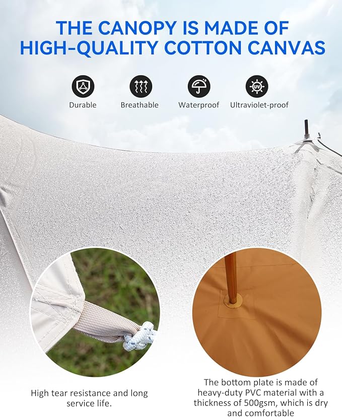 GarveeLife Canvas Bell Tent, 4 Seasons Yurt Tent with 2 Stove Jack, 4 Mesh Zippers Windows, Breathable Waterproof Tent Suitable for 4-12 People, Family Camping Outdoor Party