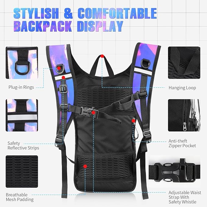 Hydration Backpack, Festival Rave Hydration Pack, Water Backpack with 2L Hydration Bladder, Rave Backpack Hydration Pack Hydropack Hydro for Hiking, Biking, Festivals, Raves