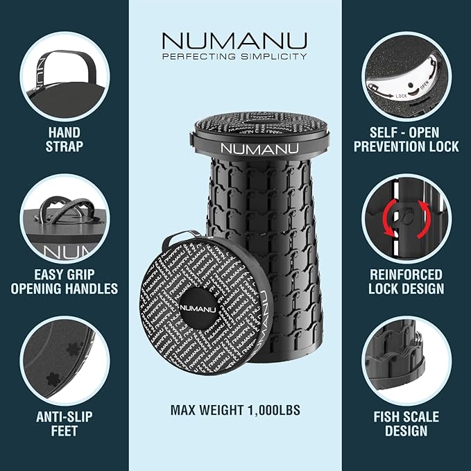 NUMANU 19.7" 2025 Upgraded XXL Collapsible Stool, Cushion & Carry Bag, 1000lbs Capacity 2.7-19.7"H, Heavy Duty Portable Telescopic Seat, Retractable Folding Chair or Travel Footrest, Gift for Outdoors