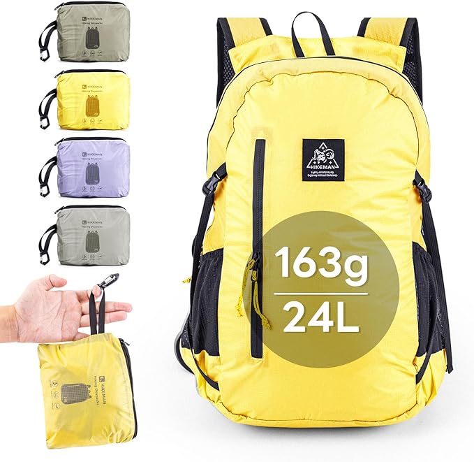 24L Lightweight Packable Backpack waterproof Foldable Hiking Backpacks Small Folding Day pack for Travel day bag for Man Woman Daypack for day trips camping backpacking trips (Yellow)