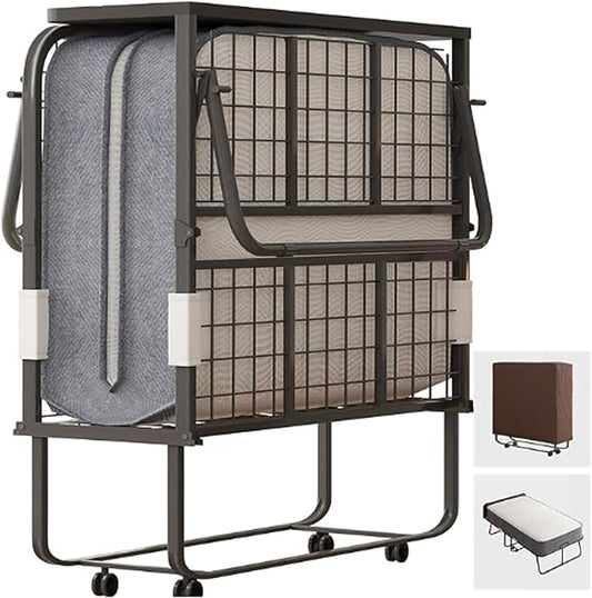 CECER Folding Bed with Mattress, 75" x 38" Rollaway Bed for Adults, 5 inch Thick Memory Foam Mattress，Twin Size Portable Foldable Bed with Headboard & Sturdy Metal Frame，Fold Up, Roll Away