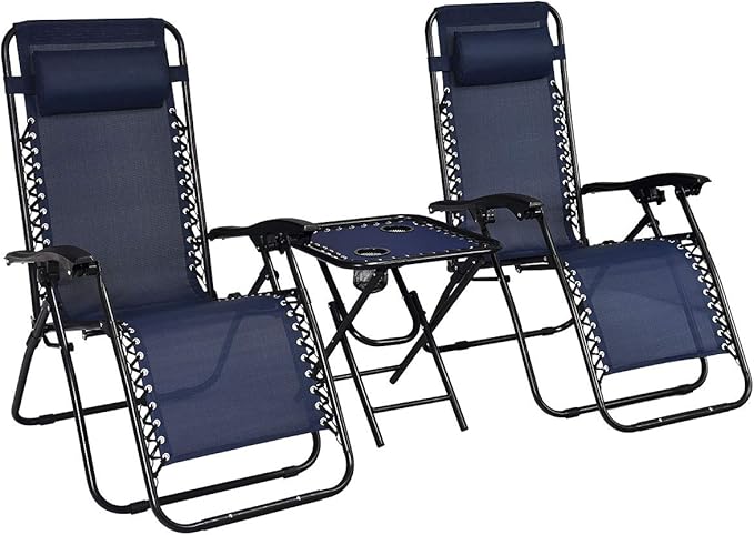 S AFSTAR Zero Gravity Chairs Set of 2, 3 PCS Folding Zero Gravity Lawn Chair Set with Side Table Cup Holders & Adjustable Headrest, Reclining Patio Chairs, Zero Gravity Lounger for Patio Poolside