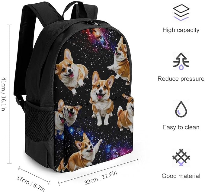 Polyester Daypack Bookbag for Gym Business Bicycle, Large Capacity Multipurpose Anti-Theft Carry On Bag, Galaxy Space Cute Corgi Running Travel Hiking Daypack