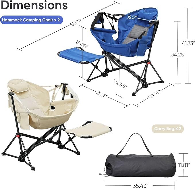 Ainfox Hammock Camping Chair with Footrest, Heavy Duty Foldable Portable Rocking Hammock Chairs Outside Swinging Camp with Cup Holder Pillow for Outdoor Patio Poolside Beige Blue