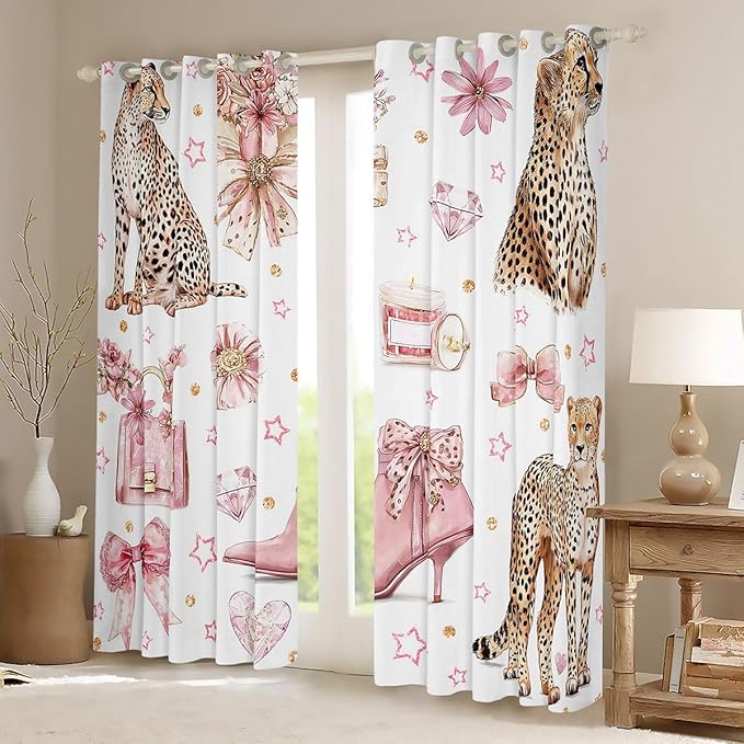 Pink High Heels Window Curtain | Cheetah Diamond Bowknot Window Drapes for Kids Bedroom Decor,Girly Princess Blackout Curtains Dreamy Coquette Living Room Top 2 Panels,38Wx45L