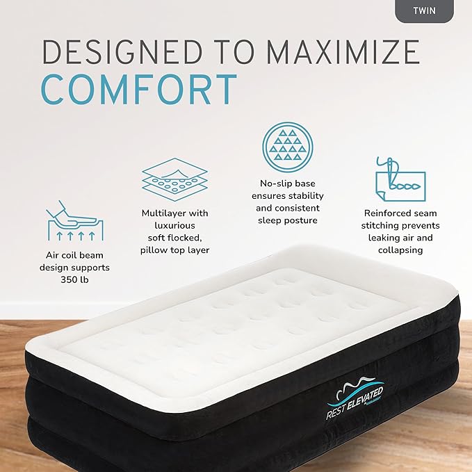RestElevated Luxury Pillow Top Twin Size Air Mattress with Built in Pump | 20" Raised Height with Coil Beam Support | Adjustable Blow Up Air Bed | for Home, Guests and Camping [Black with Cream Top]