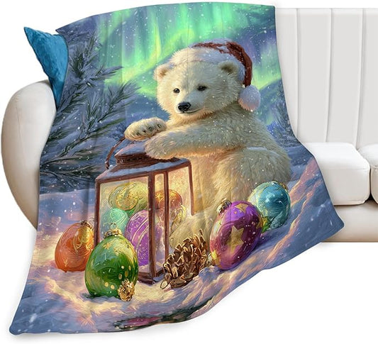 Christmas Polar Bear Blanket Winter Aurora Night Animal Throw Blankets Gifts for Girls Boys Kids White Bear Lover Soft Cozy Fleece Plush for Couch Sofa Bed 80"x60"