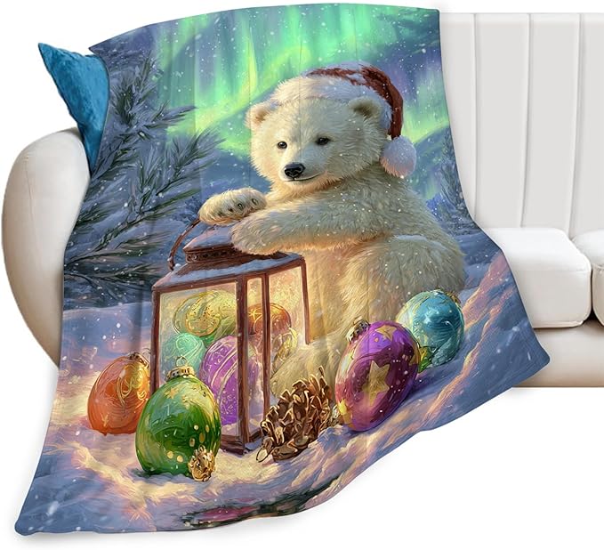 Christmas Polar Bear Blanket Winter Aurora Night Animal Throw Blankets Gifts for Girls Boys Kids White Bear Lover Soft Cozy Fleece Plush for Couch Sofa Bed 60"x50"