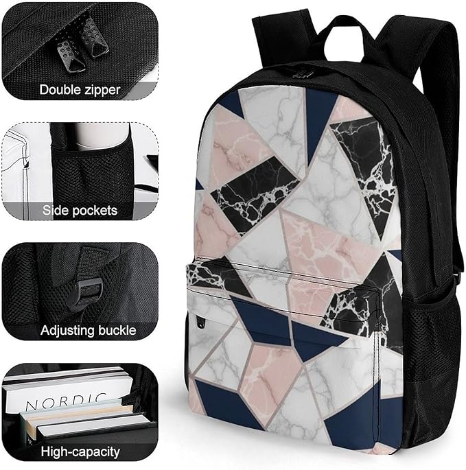Men Women Lightweight 80S Pink Rose Gold White Blue Geometric Marble Pattern Backpack Large Capacity Bookbag With Smooth Zippers for Gym Business Running