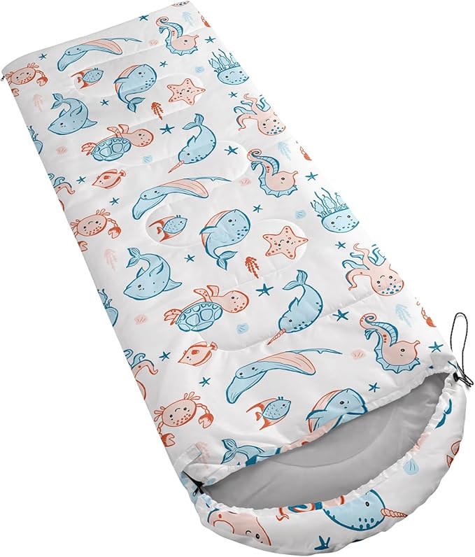 AILONEN Kawaii Puppy Sleeping Bag for Kids Boys Girls,Warm and Cool Weather,Lightweight,Waterproof Backpacking,Cartoon Cute Dog & Duck Animal Themed Blue Sleeping Bag for Camping