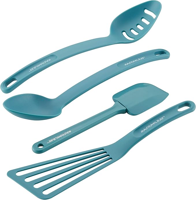 Rachael Ray Cucina Hard Anodized Nonstick Cookware Pots and Pans Set, 12 Piece, Gray & Cucina Nylon Nonstick Utensils/Fish Turner, Spatula, Solid and Slotted Spoons, 4 Piece, Agave Blue