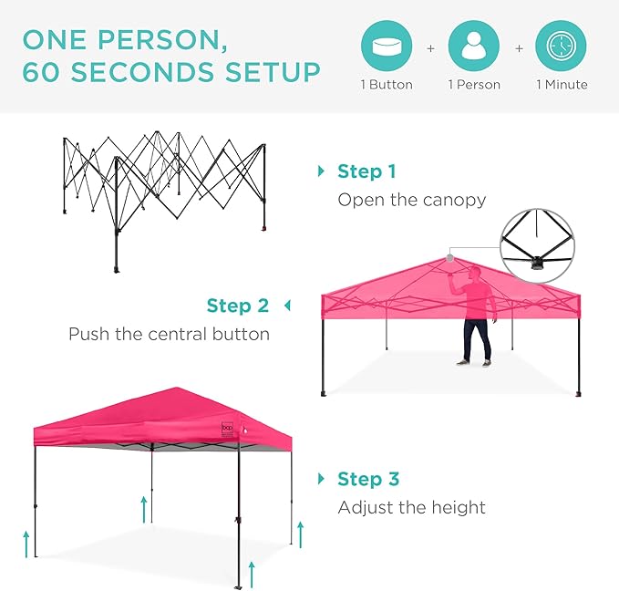 Best Choice Products 8x8ft Pop Up Canopy Tent, Outdoor Shade, 1 Person 1 Minute Set Up, Carry Case, 4 Weight Bags - Hot Pink