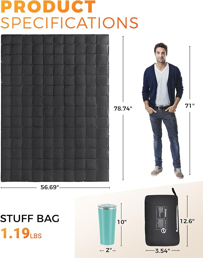 KingCamp Ultralight Camping Blanket, Packable Down Alternative Puffy Wearable Blankets Weatherproof Warm Package Quilt with Snap Buttons for Outdoor Hiking Travel Picnic Stadium (79" x 57", BLACK)