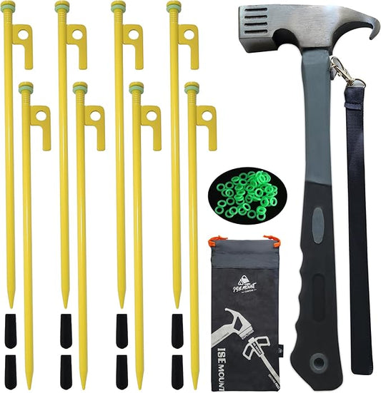 8 PCS Tent Stakes & Hammer Kit， Heavy Duty Metal Tent Pegs for Camping Steel Tent Stakes(Yellow)
