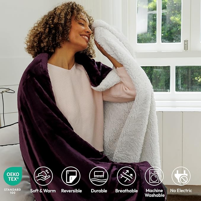 NANPIPER Sherpa Blanket for Couch, Warm and Lightweight Throw, Soft Fuzzy Plush Fleece for Winter, Plum Purple 50x60 Inches