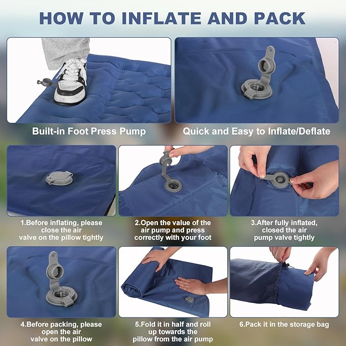 Camping Sleeping Pad with Pillow: Extra Thick 4.7 Inch Ultra-Light Self Inflating Air Mat, Portable Waterproof Inflatable Sleep Mattress with Built-in Foot Pump for Outdoor Traveling (Navy Blue)