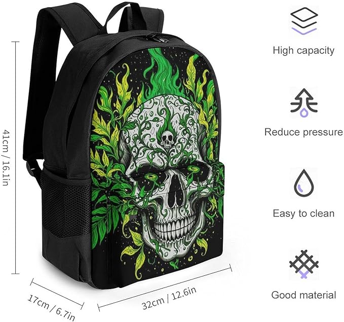 Lightweight Rucksack for Sports Travel Running, Big Capacity Multipurpose Anti-Theft Bookbag, Skull Marijuanaweed Leaf Green Black Travel and Sport Backpack Rucksack