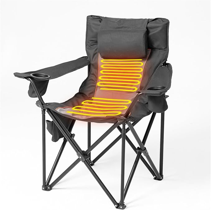 Heated Camping Chairs, Foldable Camping Chairs with 2 Cup Holders for Outdoor Sports,Folding Chair with 3 Heating Level for Back and Seat, Supports 300Lbs, Battery Not Include, Black & Grey