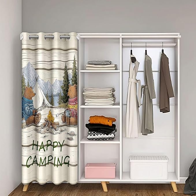 Happy Camping Door Curtain For Doorway Privacy Kids - Cartoon Bear Wild Adventure Blackout Curtain Vintage Wooden Planks Farmhouse Door Drape Retro Tent Mountain Forest Window Treatment 52"W x 80"L