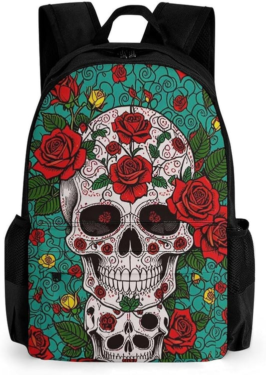 Supdreamc Daypack Bookbag Anti-Theft Multipurpose Large Capacity Bookbag, Sugar Skull Roses Flower Art Travel Hiking Camping Rucksack With Adjustable Shoulder Straps