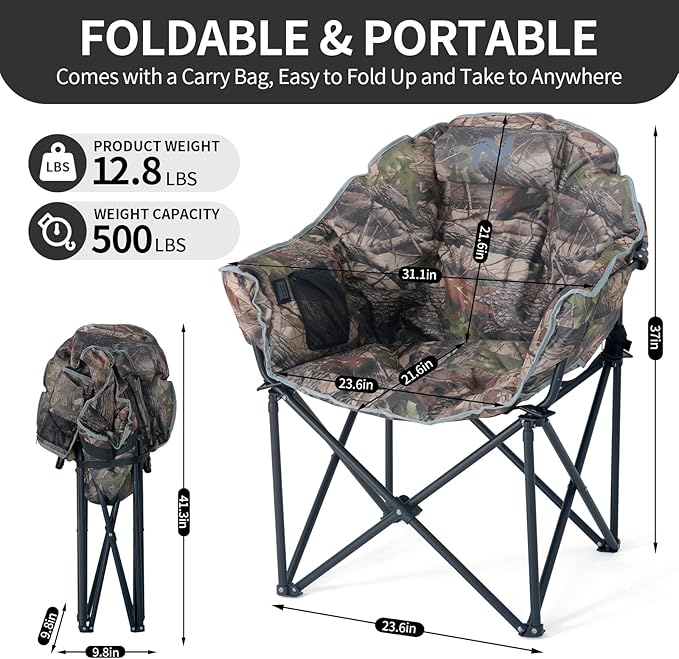 2 Pack Oversized Heated Camping Chair, 3 Heating Levels Portable Folding Camp Chairs with Pillow and Storage Bag, Outdoor Heated Moon Chair for Camping Lawn Patio Beach and Picnics, Camo