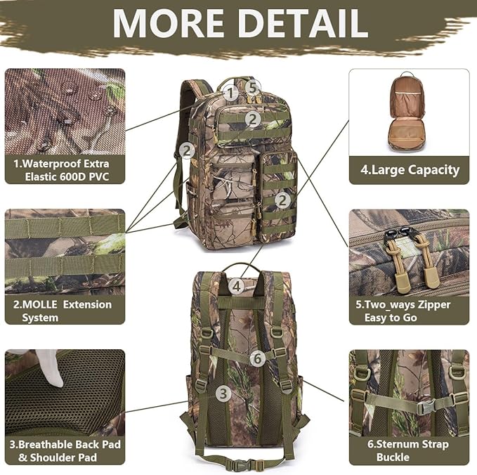 Tactical Camo Backpack for Men Women Waterproof Durable MOLLE Backpack Camping Hunting Emergency Preparedness