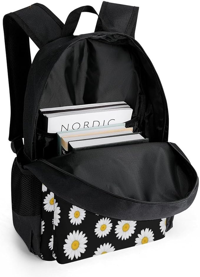 Adults Lightweight Floral Chamomile Or Daisy Flowers Black Rucksacks Large Capacity Bookbag With Adjustable Shoulder Straps for Trekking Outdoors Bicycle