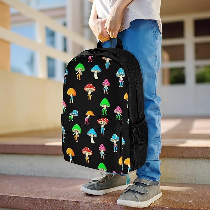 Supdreamc Men Women Polyester Funny Various Mushrooms Gnomes Art Backpack Large Capacity Bookbag With Smooth Zippers for Climbing Picnic Bicycle