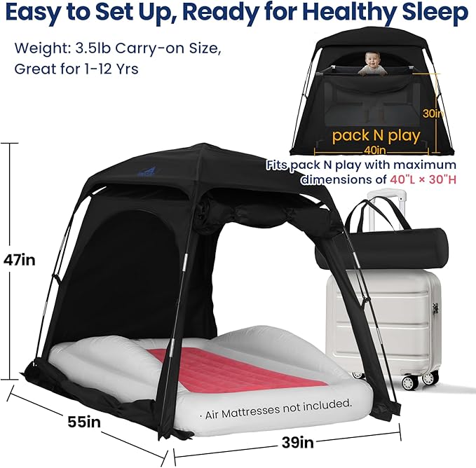 Blackout Sleep Tent for Pack and Play, Toddler Travel Bed, Kids Air Mattress & Cot, CPC Certified Baby Sleep Pod with Fan Pouch Breathable Portable & Easy Setup