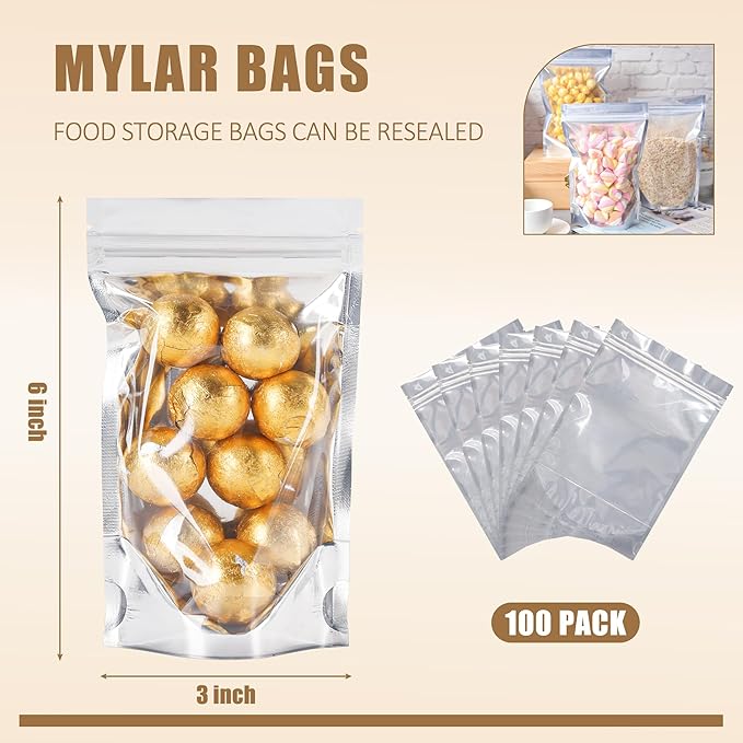 100 PACK Mylar Bags for Food Storage and Resealable Bags for Small Business Packaging Supplies Great for Party Favor Food Storage Bags(Silver, 3x6Inches)
