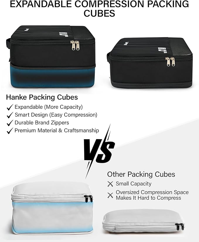Hanke 7 Piece Expandable Compression Packing Cubes, Premium Travel Packing Organizers for Suitcases/Carry On, Luggage Organizer Bags with Breathable Mesh & Label,Black